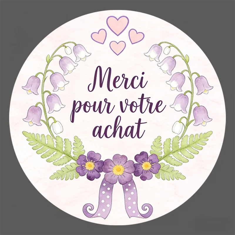 

Round Stickers - Lily of the Valley & Floral "Merci pour votre achat" Design for Gift Bags, Gift Boxes & Handmade Crafts