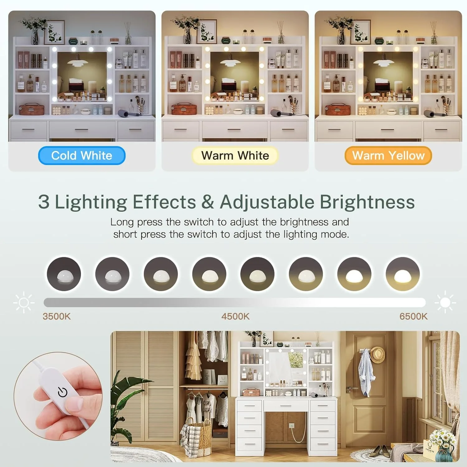 Makeup Vanity with Lighted Mirror & Power Outlet, 9 Drawers & 6 Storage Shelves, 3 Light Modes, Custom image 3