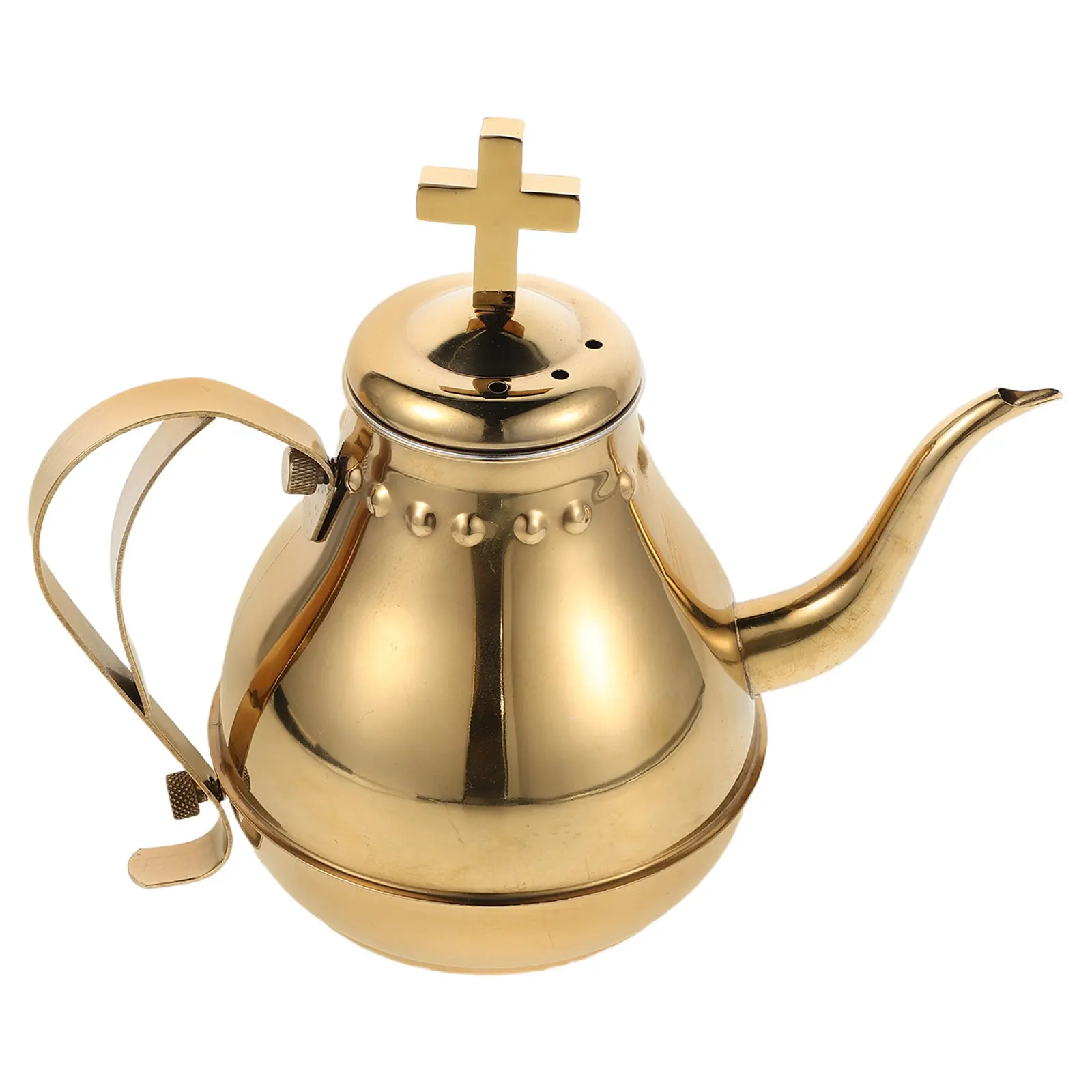 

Elegant Stainless Steel Communion Pot with Cross Motif Golden Gooseneck Teapot for First Holy Communion Sacrament Services