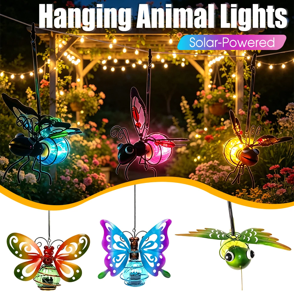 LED Solar-Powered Hanging Animal Lights Waterproof Metal Solaring Fairy Lights Garden Decorations Lamp for Front Porch Balcony