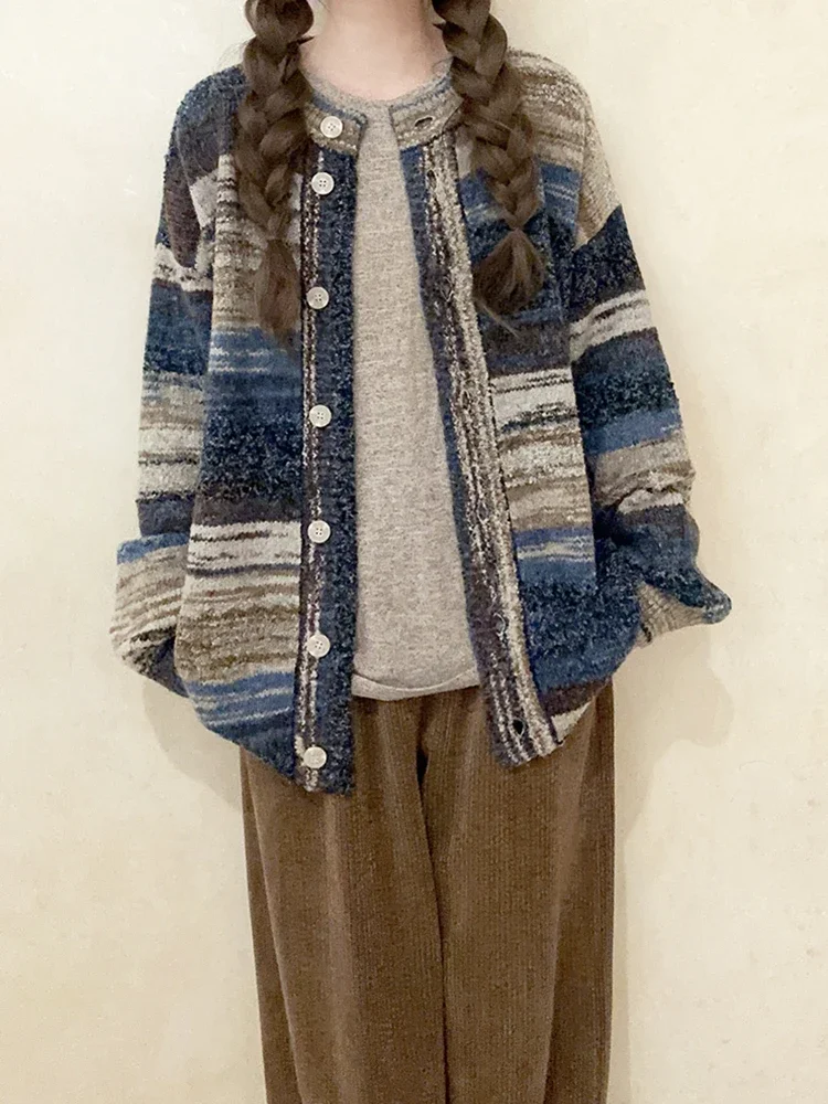 

Vintage Cardigans Women Autumn Irregular Long Sleeve Striped Loose Knitted Sweaters