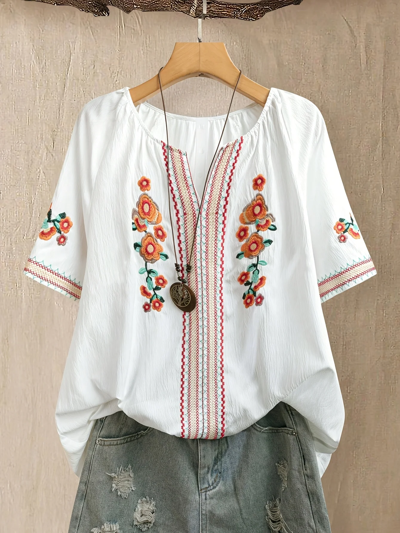 

Plus Size Women's V-Neck Design Embroidered Shirt