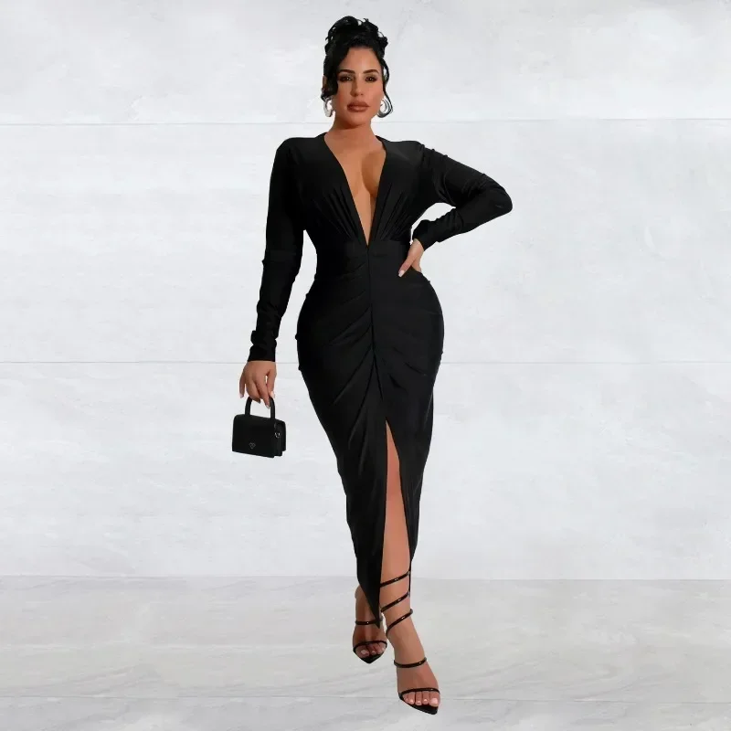 GUWU 가을 긴 소매 여성 드레스 섹시한 파티 스트리트 클럽 v 넥 맥시 드레스 하이 스플릿 셔링 이브닝 Bodycon Vestidos