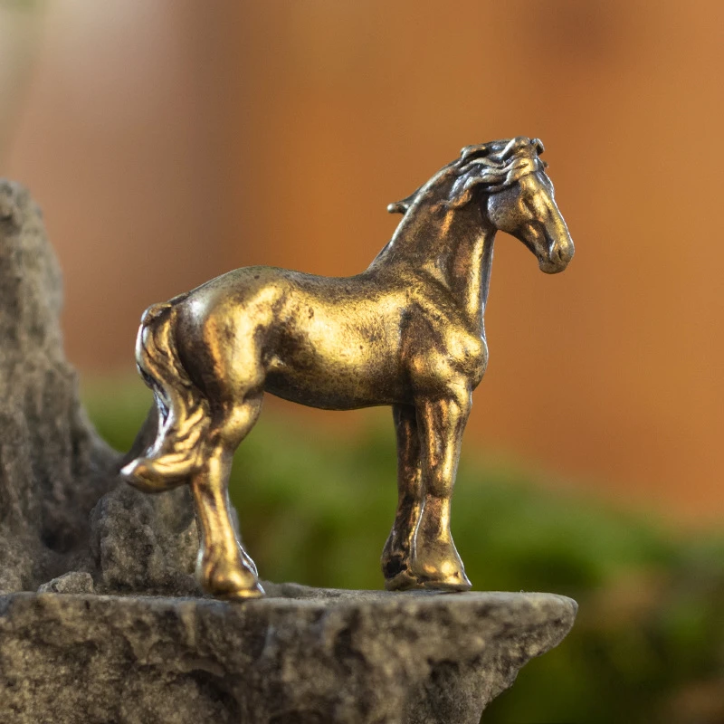 1pc Miniature Antique Brass Long Tail Horse Figurines Feng Shui Ornament Copper Zodiac Animal Mini Desktop Crafts Home Decor