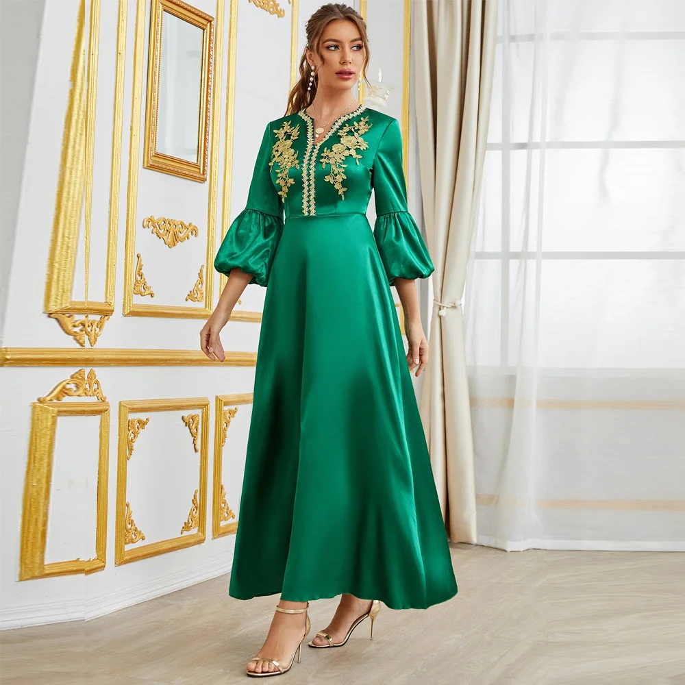 Moroccan Kaftan Caftan Wedding Green Puff Sleeves Muslim Women Party Decal Dress Dubai Arab Middle East Abaya For Women Clothing