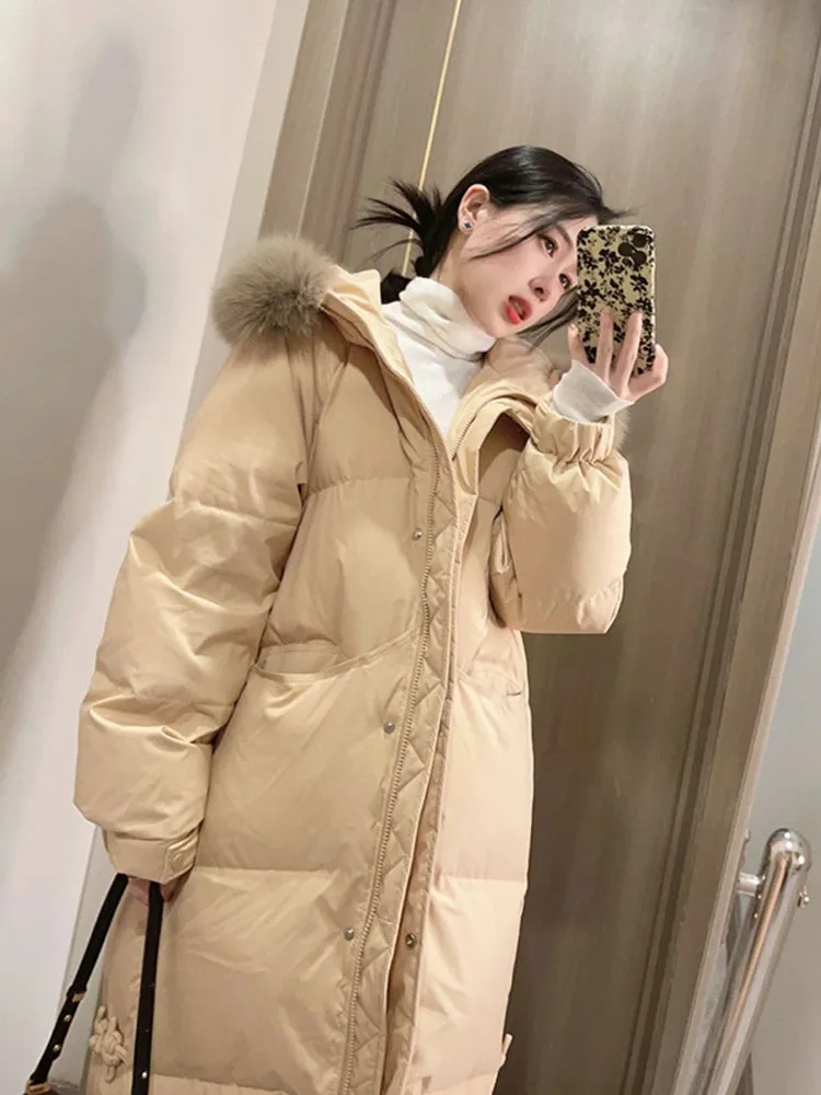 90% eendendons jas donsjack dames luxe bovenkleding lange puffer jas warme vrouwelijke pluizige parka's losse 2025, echte vossenbontkraag