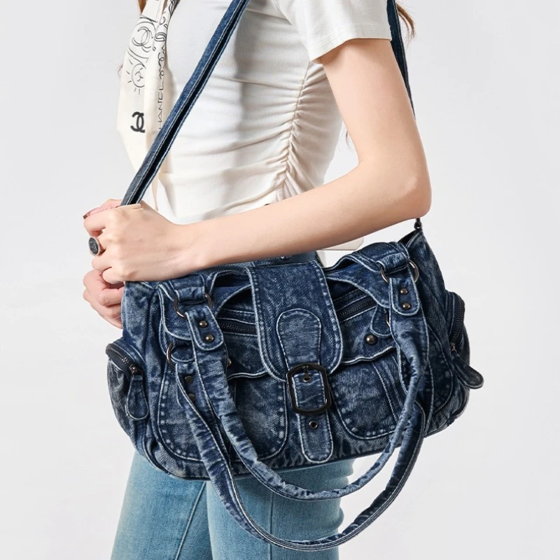 

Women's Fashion Multi-Pocket Denim Tote Bag, Cool Casual Сумка Y2k Shoulder Crossbody Top Handle Purse for Daily