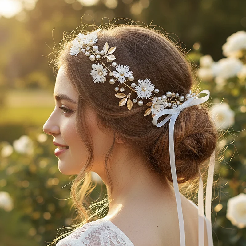 

Женская повязка на голову с жемчугом и цветами ручной работы, свадебные аксессуары для волос, свадебные украшения для волос для невесты, подружки невесты, аксессуары для волос