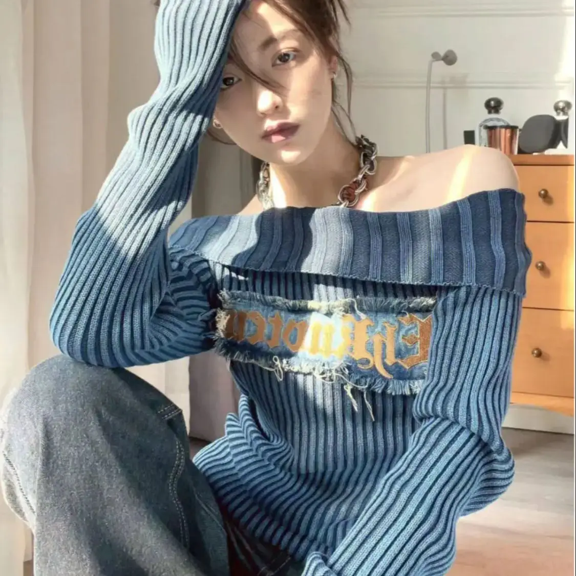 

American Retro Hottie One-Shoulder Knitted Sweater Women Autumn Winter New Inner Wear Slim Sexy Off-Shoulder Bottoming Shirt Top