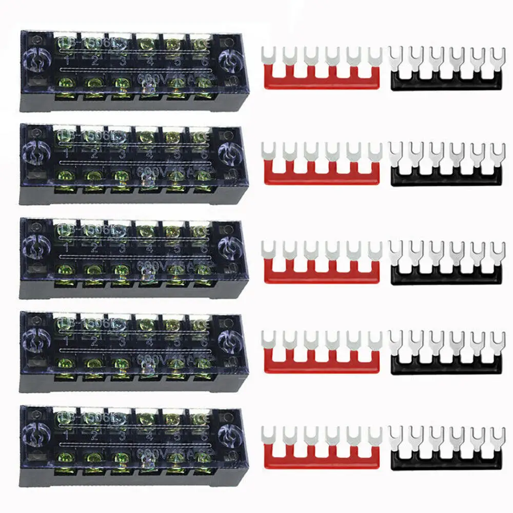 15 Buah/Set Blok Terminal Penghalang Sekrup Distribusi Daya Laut Otomatis Baris Ganda 6 Titik 600V 15A Strip Penghalang Terminal Merah Hitam