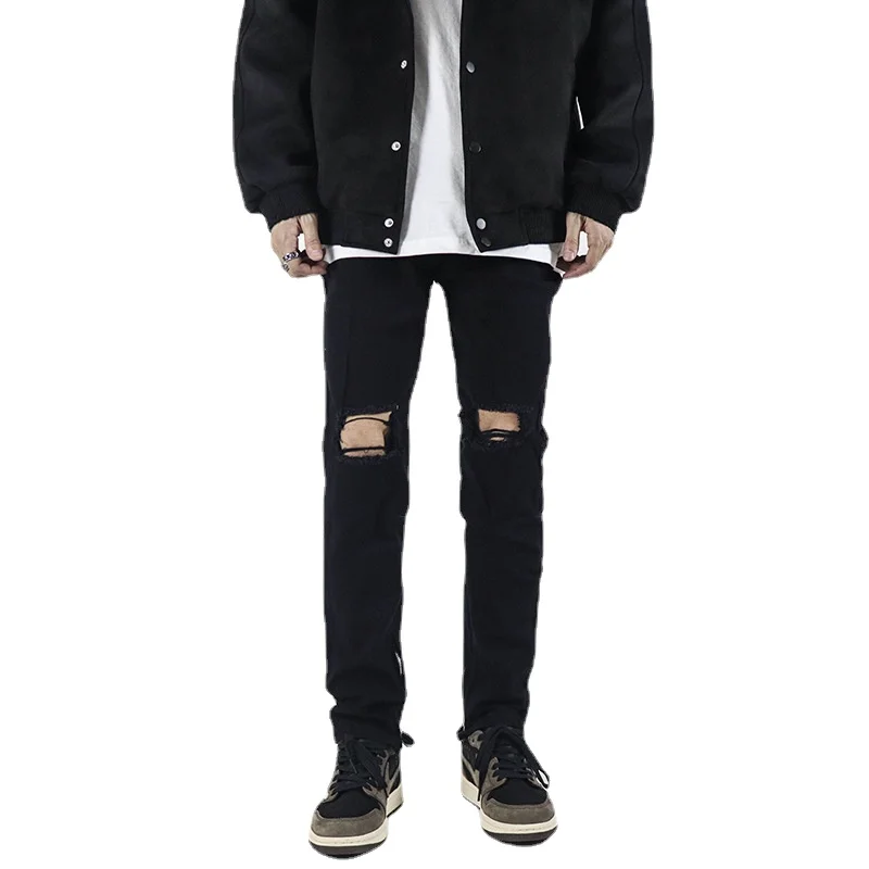 High Street Pants Zipper Straight Black Ripped Jeans Men Korean Fashion Full Length Denim Trousers Pantalones Vaqueros Hombre