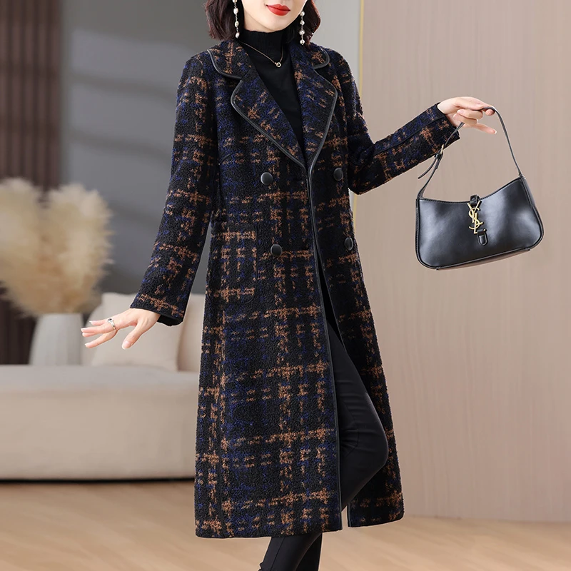 2023 Winter New Checkered Printed Fashion Coat Women's Mid length Suit Collar Loose Large Size Slim Knee Length Coat