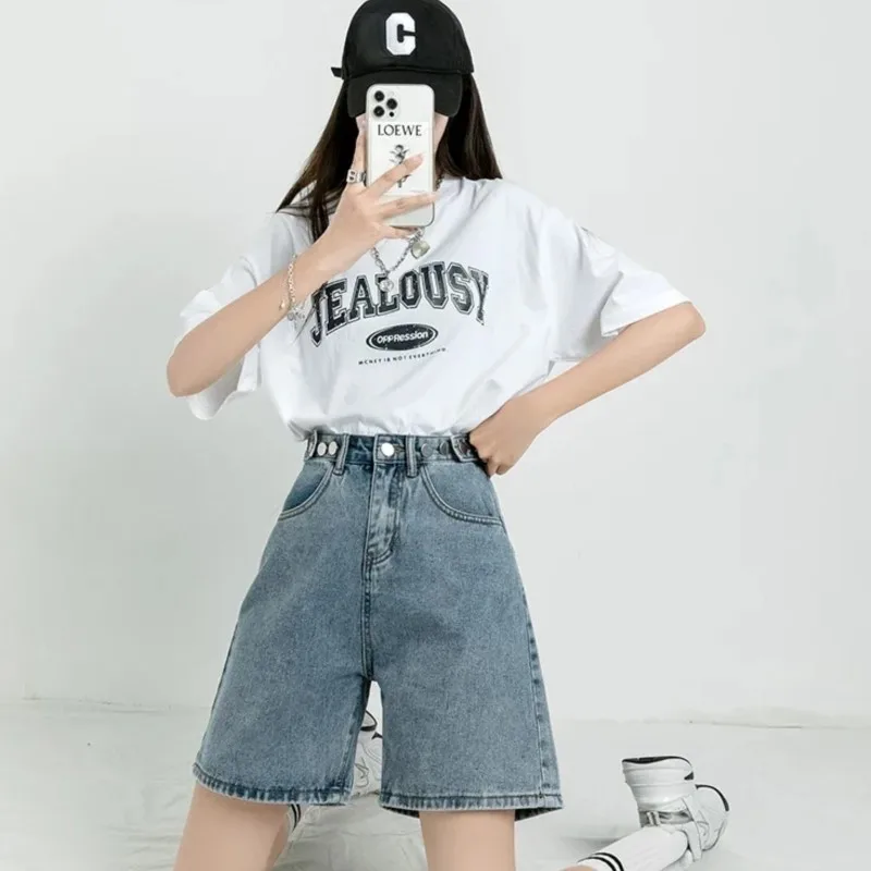 New Belted Shorts Jeans Women Baggy Fashion Straight Vintage Streetwear Denim Button Design Summer Loose Femme Denim Short Pants