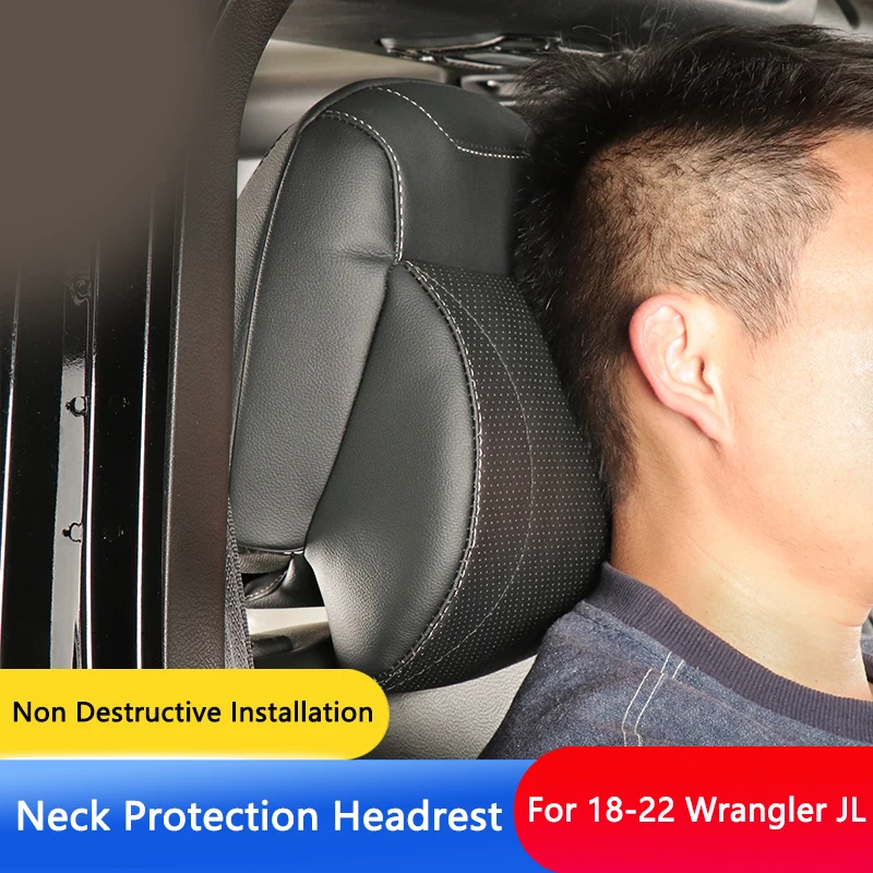 QHCP Car Headrest Pillow 1Pc Head Neck Shoulder Support Protector Leather+Memory Foam Soft Sweat Absorbing For 18-22 Wrangler JL