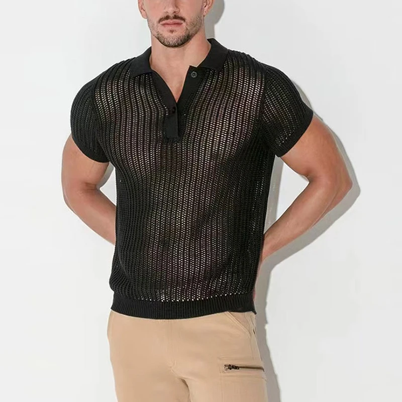 Spring Summer Mens Sexy Tops See Through Hollow Out Knitted Mesh Shirt Fashion Loose Breathable Knit Polo Shirts Men Streetwear