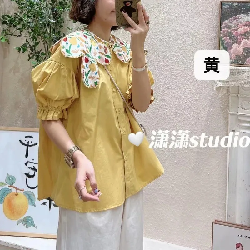 

Women's Yellow Puff Sleeve Blouse With Floral Print Rabbit Ear Collar Casual Button-Up Top