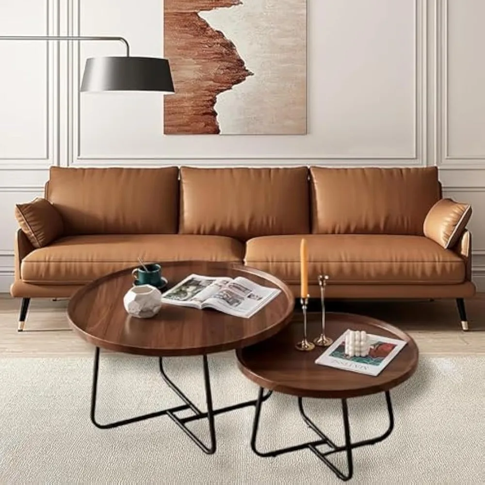 مجموعة طاولات قهوة متداخلة مستديرة من خشب الجوز 28 حديثة في منتصف القرن، تصميم مخدد لغرفة المعيشة أو غرفة النوم أو شرفة المكتب