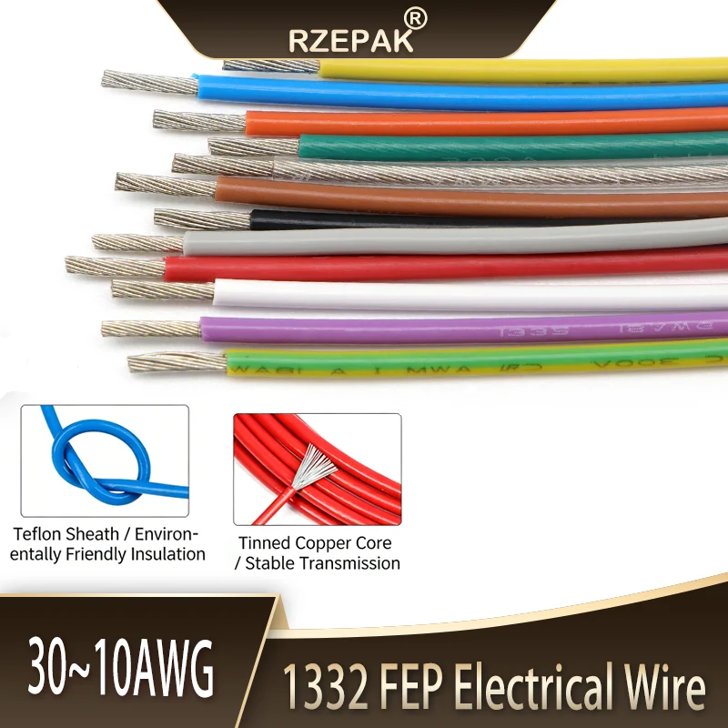PTFE Wire 30/28/26/24/22/20/18/16/14/13/12/10AWG 1332 FEP Plastic Insulated High Temperature Electronic Copper Cable 5M/10M
