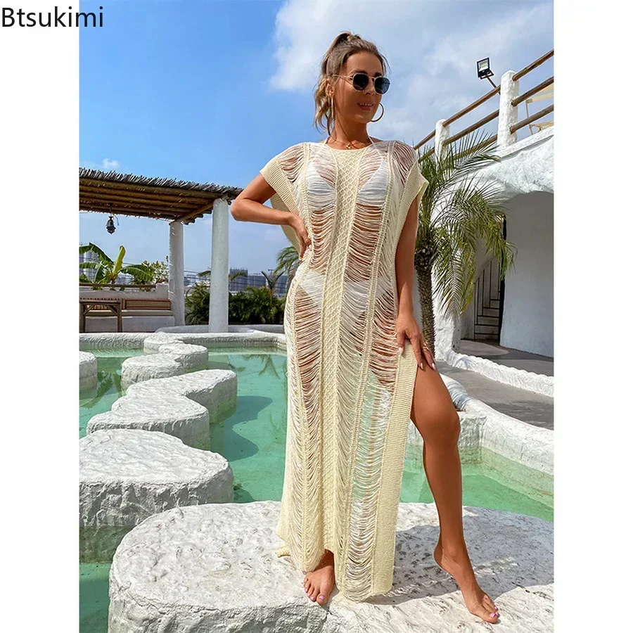 2024 Bikini blanco de verano para mujer, Kimono Sexy de encaje, vestido largo bohemio para playa, caftán holgado transparente, traje de baño tipo