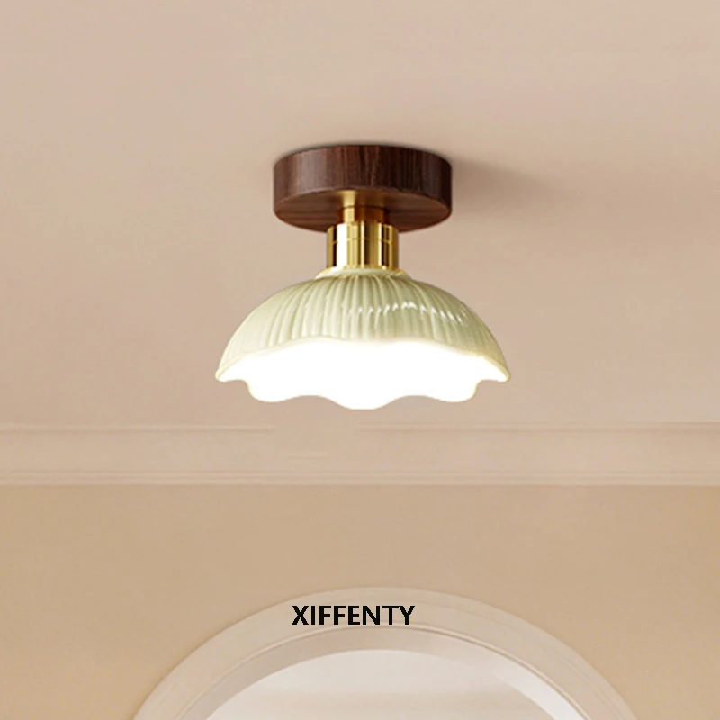 

Французский керамический потолочный светильник, светодиодный ретро ореховый цвет, защита глаз, входная лампа для балкона