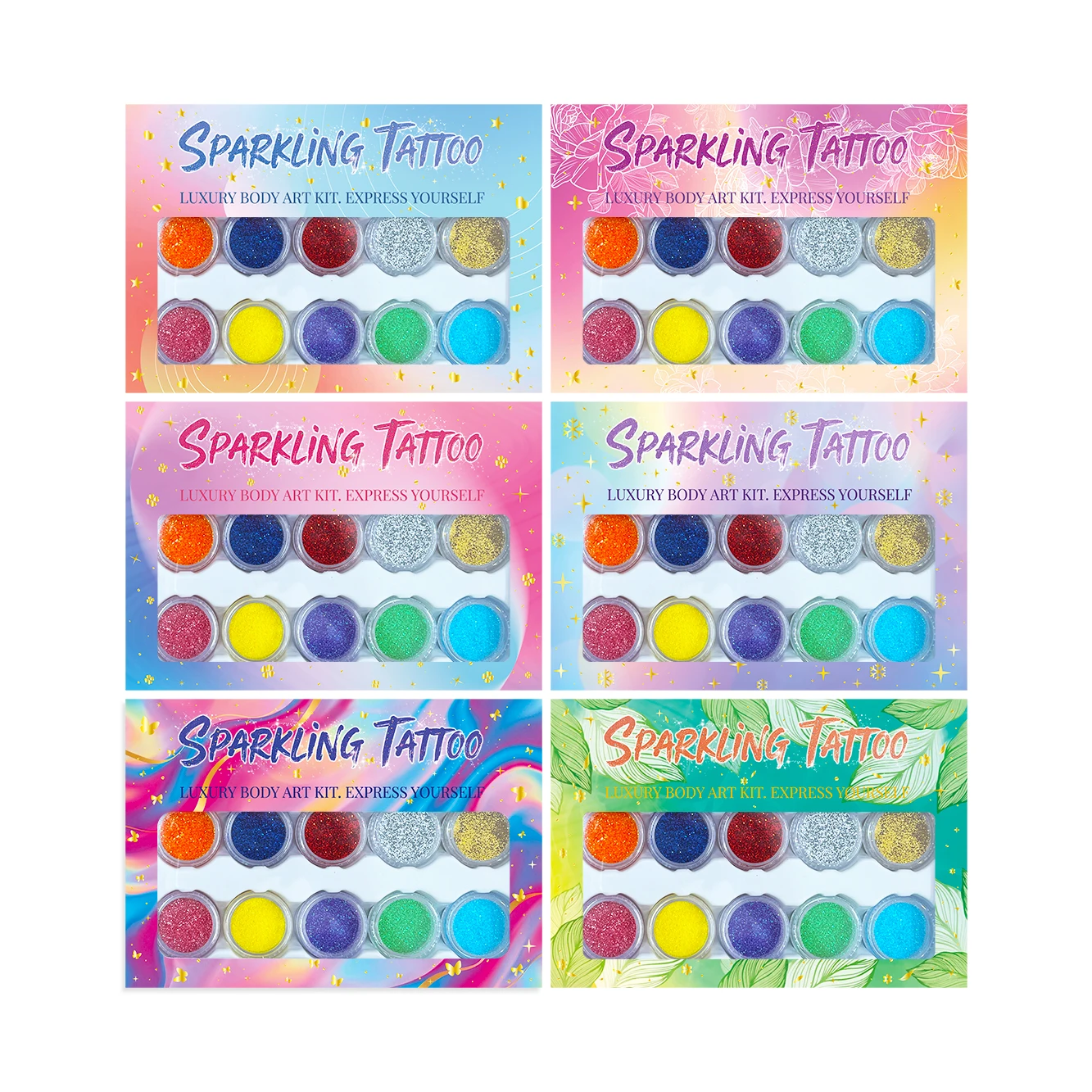 DIY Glitter Tattoo Kit 10 Color Body Art 6 Stencils Adult Temporary Tattoo Sticker for Women Rave Clubbing Festival Party