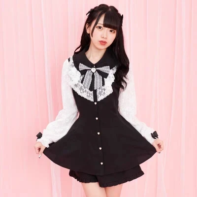 Dophee-Conjunto de dos piezas de estilo japonés para mujer, vestido camisero de manga larga con lazo elegante, Top de Lolita, pantalones cortos sueltos con volantes góticos, trajes informales