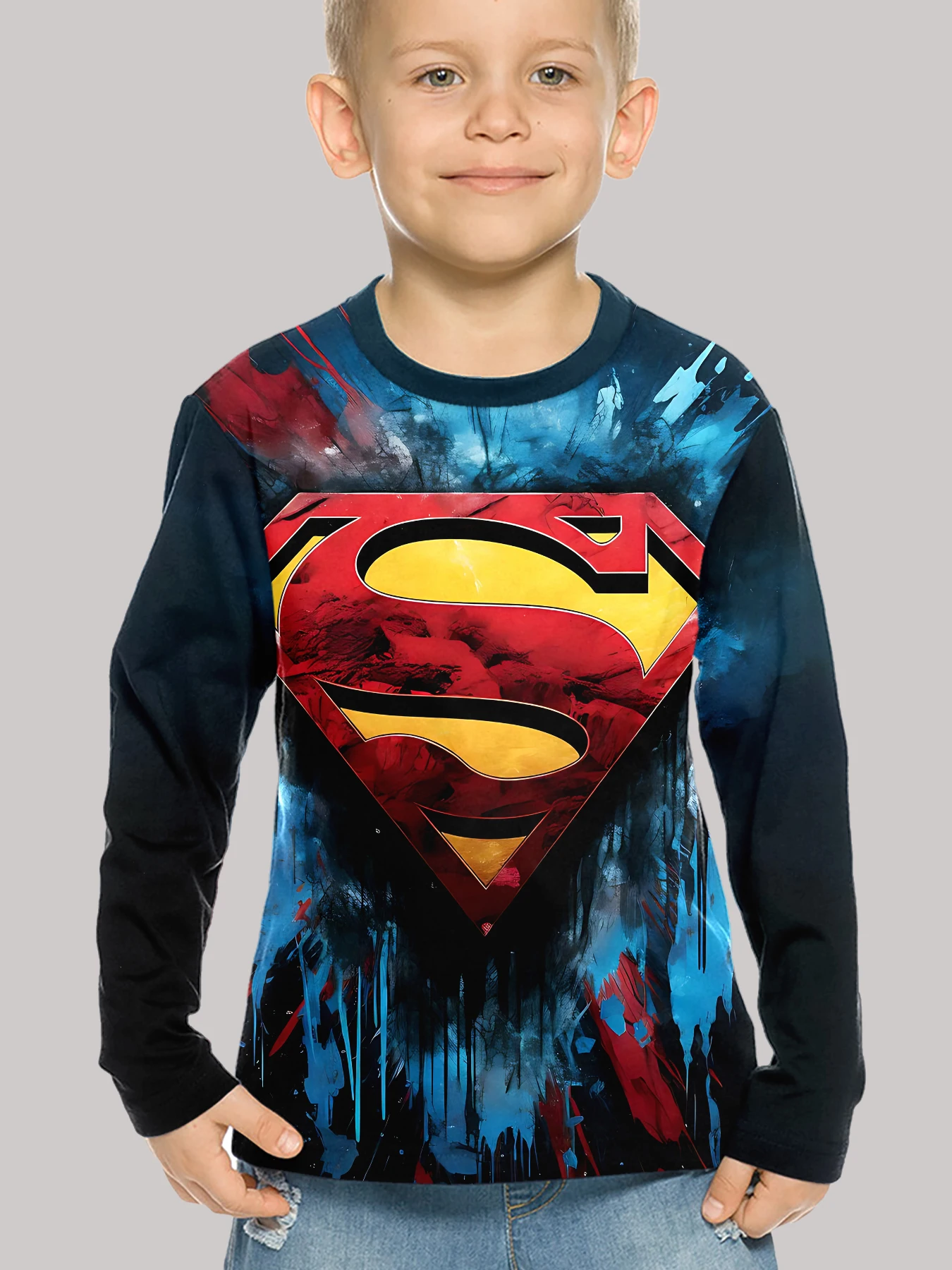 S-Supermans 3D Print Children T-Shirt Long Sleeve Spring Fall Clothes Casual Round Neck Boys and Girls Tops