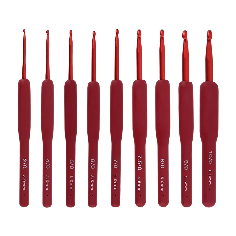 2mm-6mm Premium Aluminum Crochet Hooks with red Soft Rubber Grip Cushioned Handles Knitting Needles