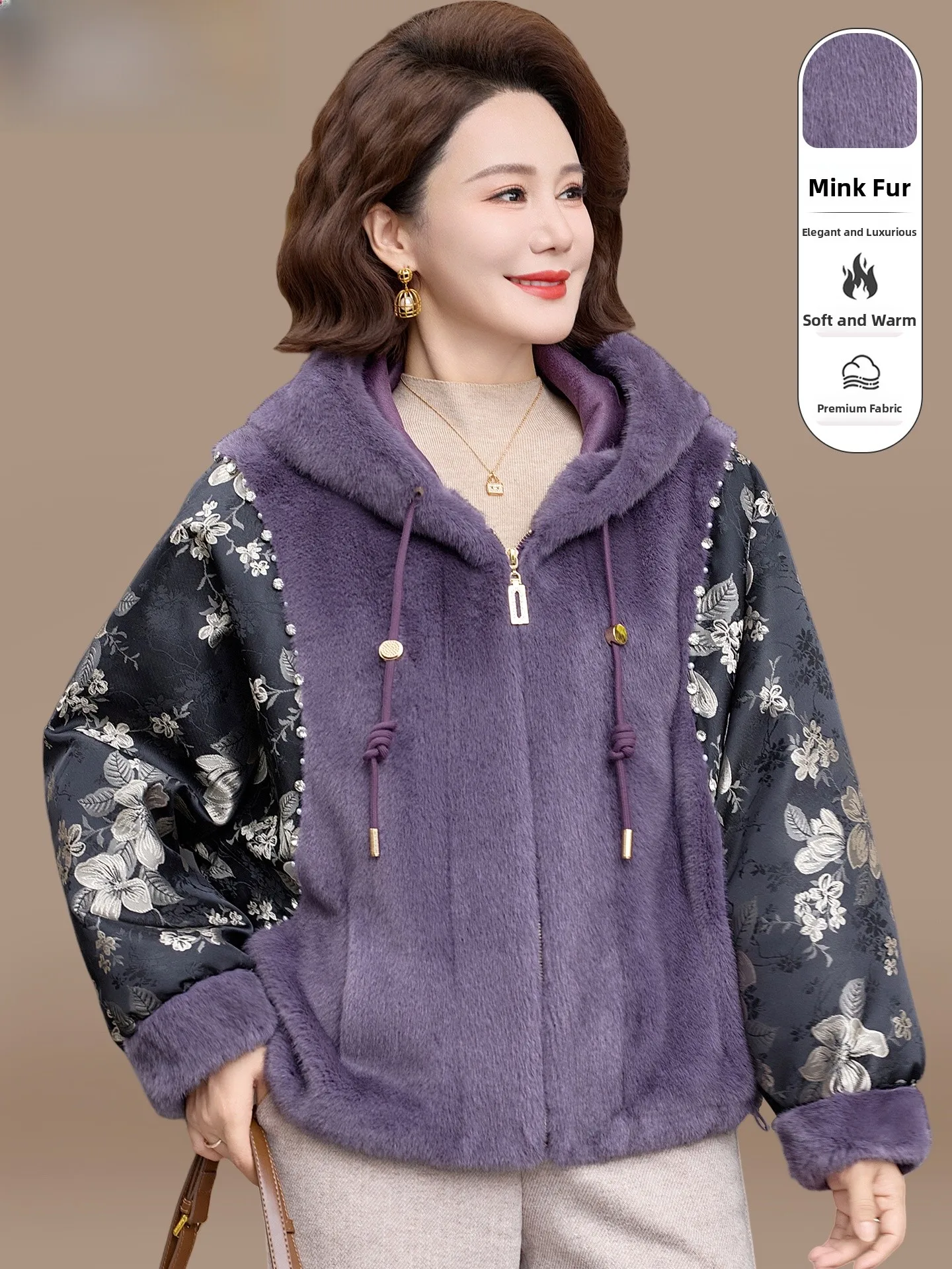 

Sli Mink Velvet Coat Women's Autumn Winter Thiened Cotton Padded Jaet Stand Version Casual Sle Floral Pattern