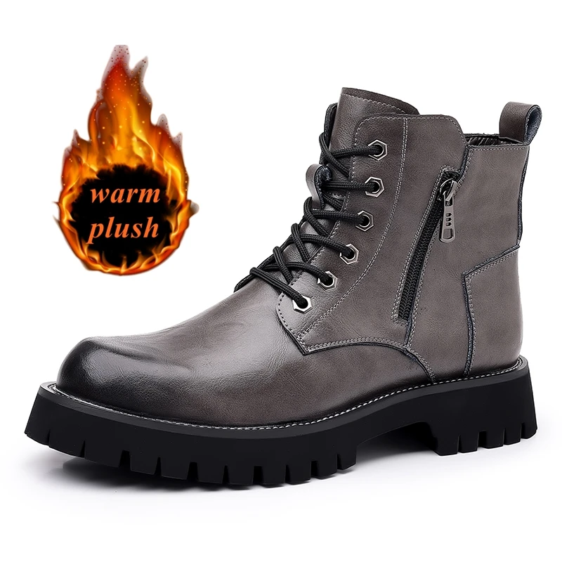 Golden Sapling High -top Leather Shoes Men 2025 Spring Fashion Outdoor Warm Plush Ankle Boots Male Quality Snow Boot Footwear