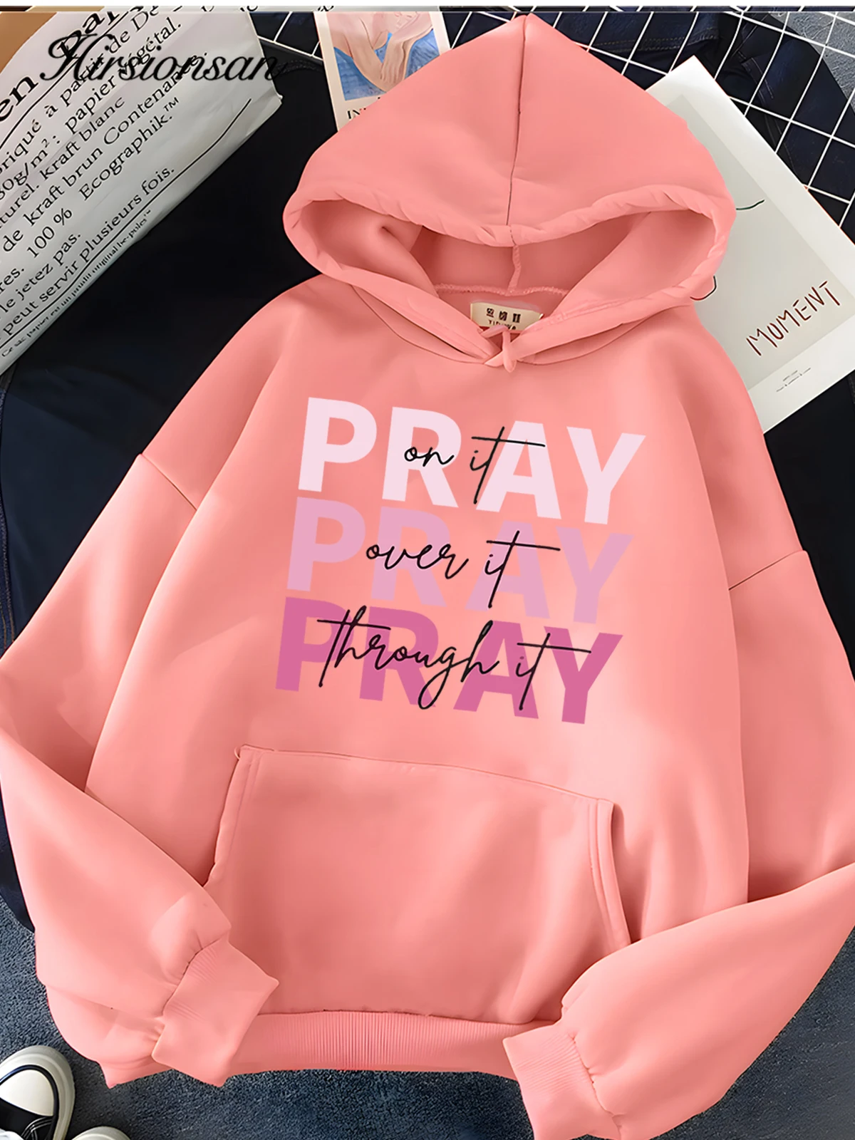 Hirsionsan Pink Letter Print Sweatshirt for Women 2023 New Winter Soft Casual Loose Warm Female Hoodies Fleece Ladies Clothes