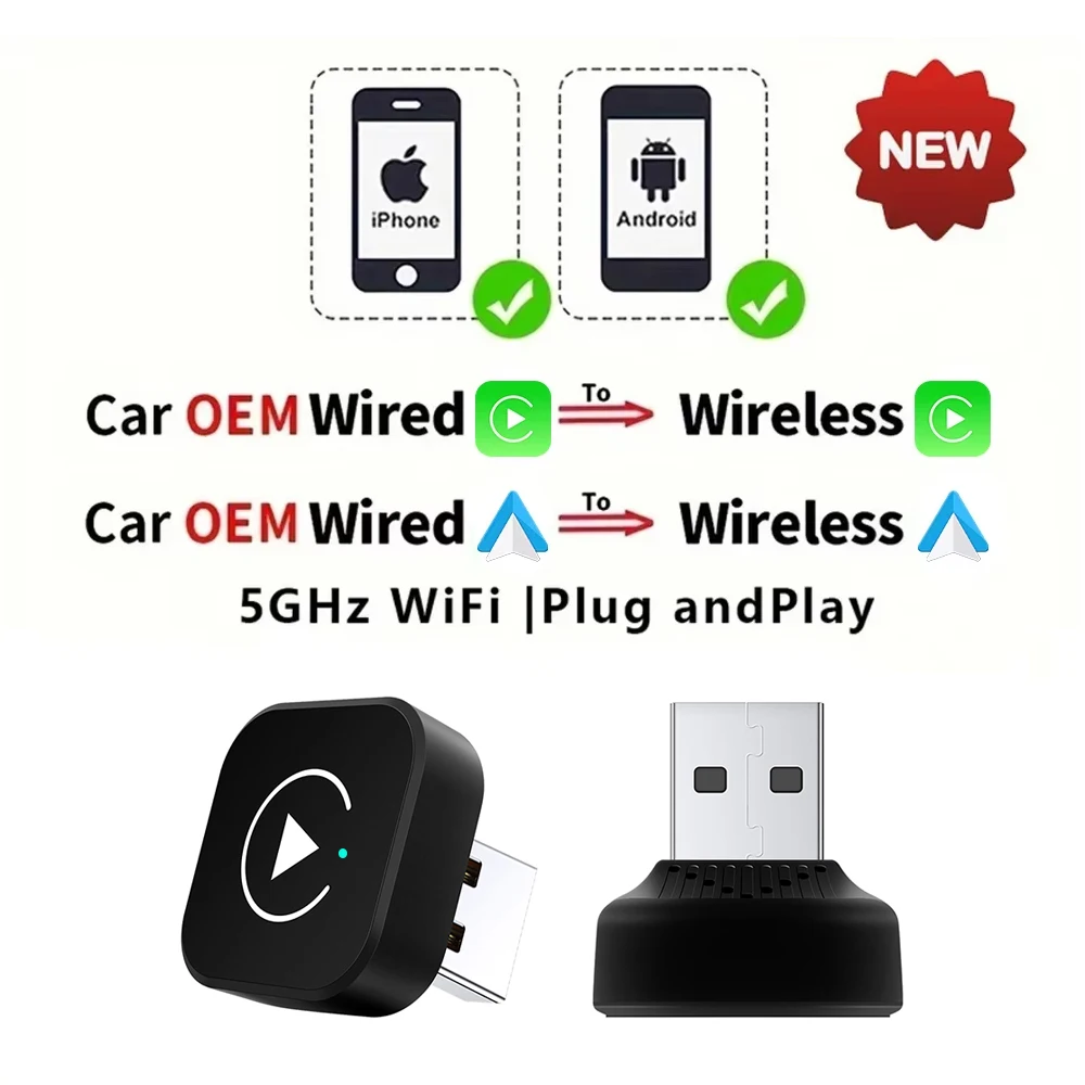 Mini draadloze 2-in-1 Carplay-adapter voor Android iPhone Auto Bedraad naar draadloze AI Box USB-aansluiting voor Volvo MG Kia Chery Toyota