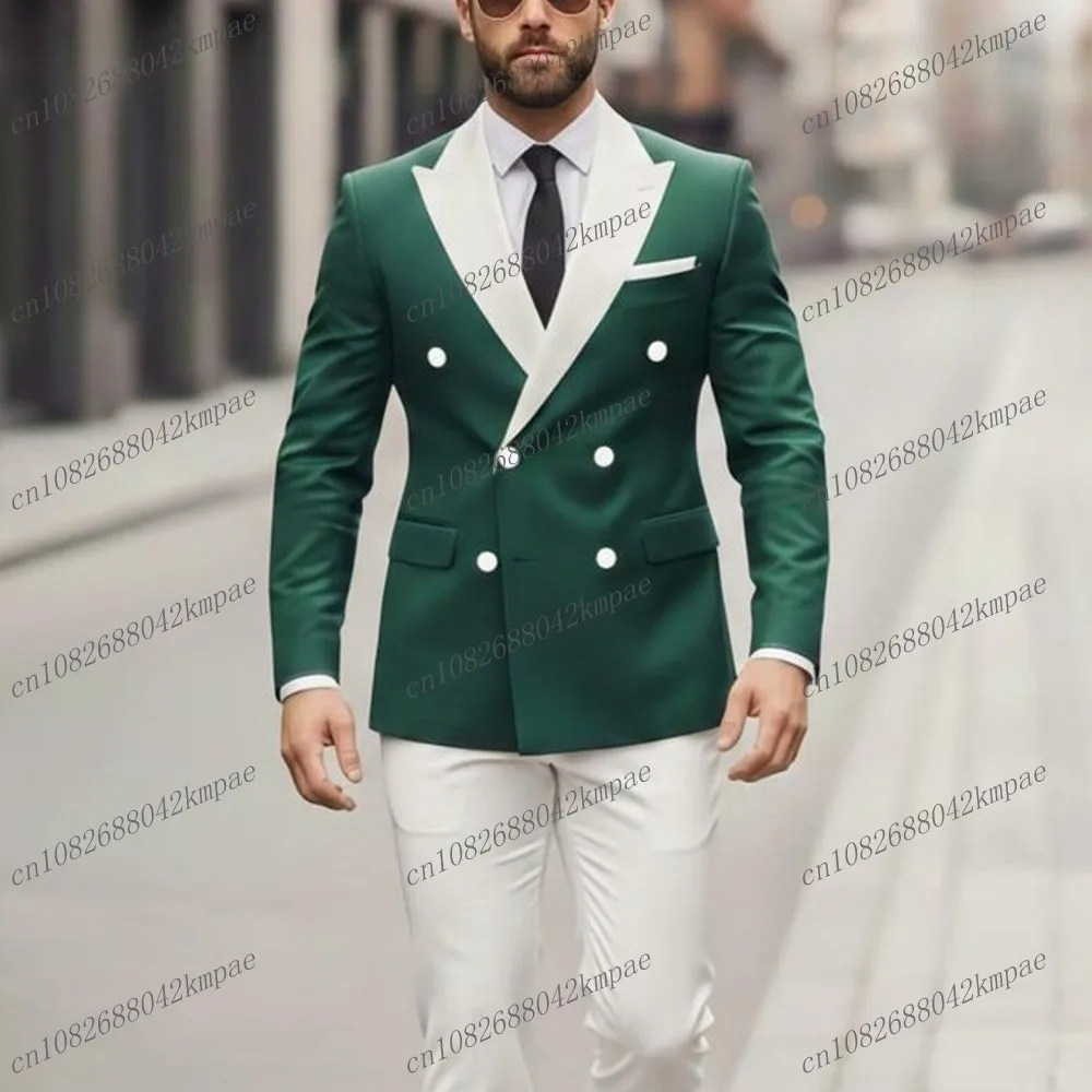

New White And Green Men Suit Formal Occasion Groom Groomsman Wedding Party Prom Male Business Tuxedos 2 Piece Blazer Pants