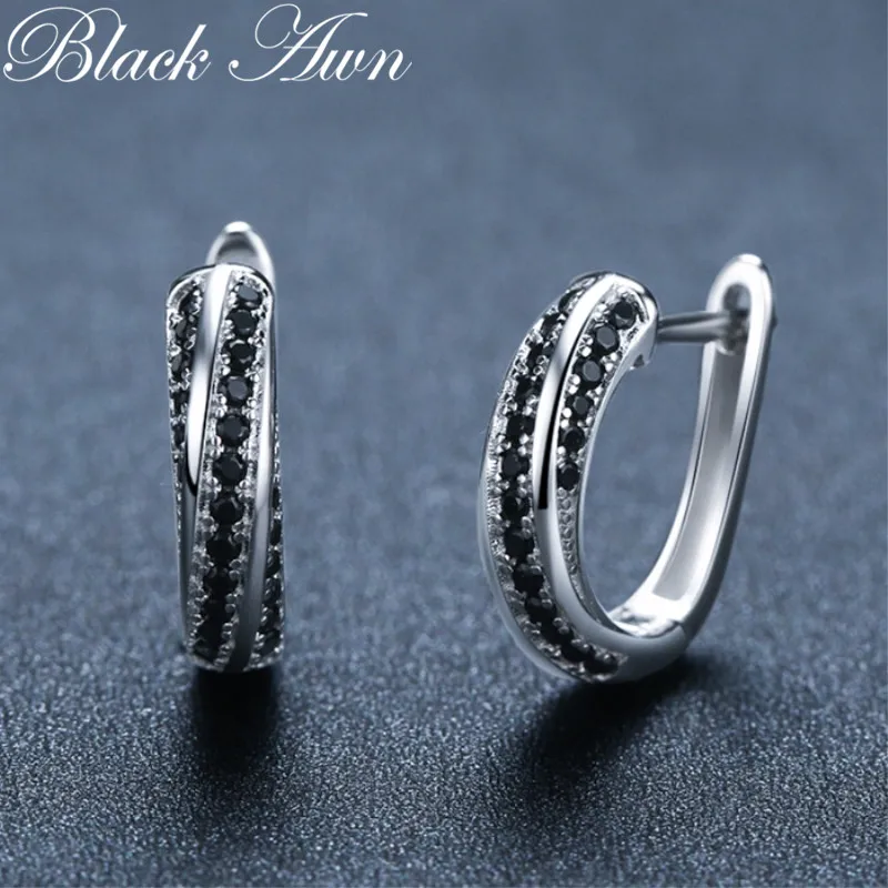 Black Awn 2024 New Fashion Hoop Earrings For Women Classic Silver Color Trendy Spinel Engagement