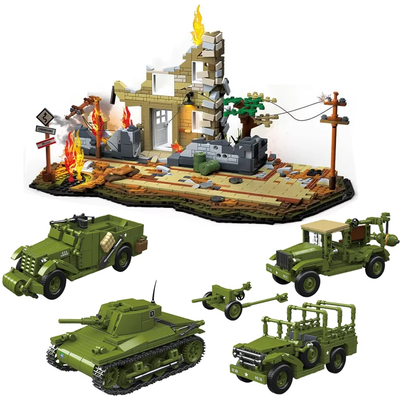 

WW2 Western City Front Battle Scene Building Block Kit M22 Light Tank, американская военная модель грузовика M3A1, M6, кирпичи, игрушка, подарок для детей
