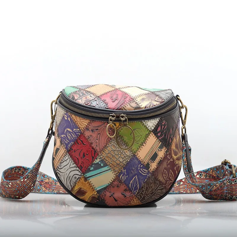 Imagem -06 - Bolsa Tiracolo Colorida Vintage de Couro Genuíno para Mulheres Estilo Nacional Folk Bolsa de Ombro Concha Bonita com Cinto Largo