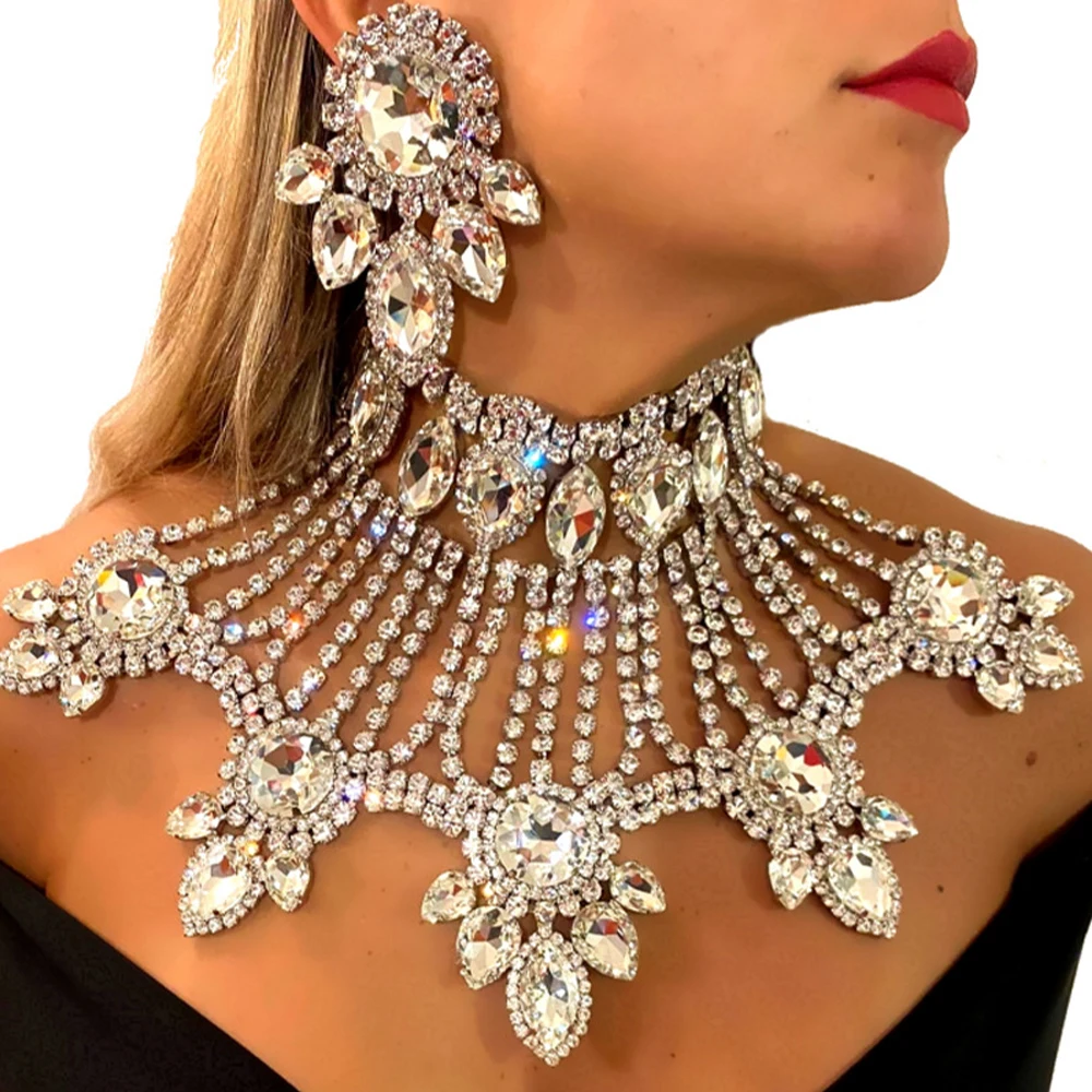 Stonefans Exaggerate Leaf Necklace Earrings Set Drag Queen Accessories Rhinestone Jewelry Set Large Choker Chain for Women 2023