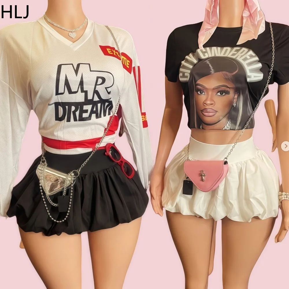 

HLJ Y2k Fashion Letter Print Woman 2 Piece Set Outfit V Neck Long Sleeve Oversized T-Shirt + Puffy Skirts Female 2pcs Streetwear
