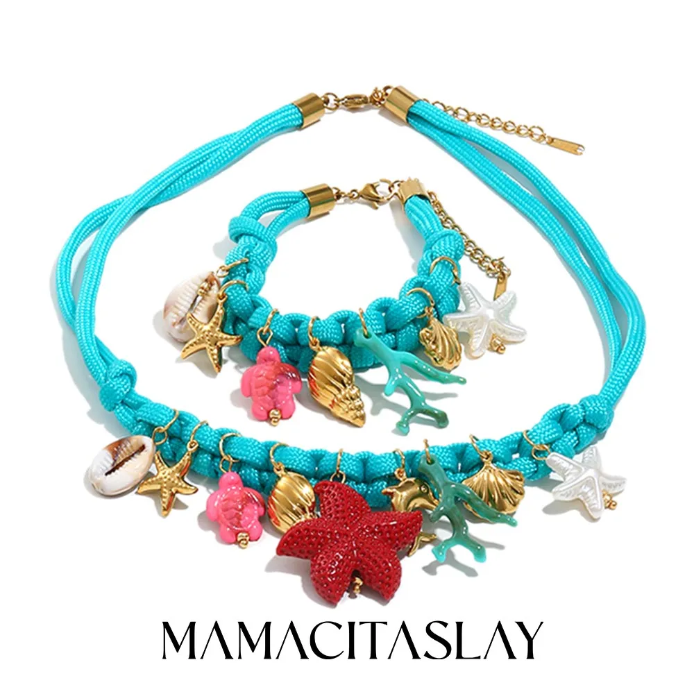 MamacitaSlay 316L Edelstahl Ozean-Serie Harz Geflochtenes Seil Armband Halskette 18K Vergoldet Wasserdichtes Schmuckset Geschenke