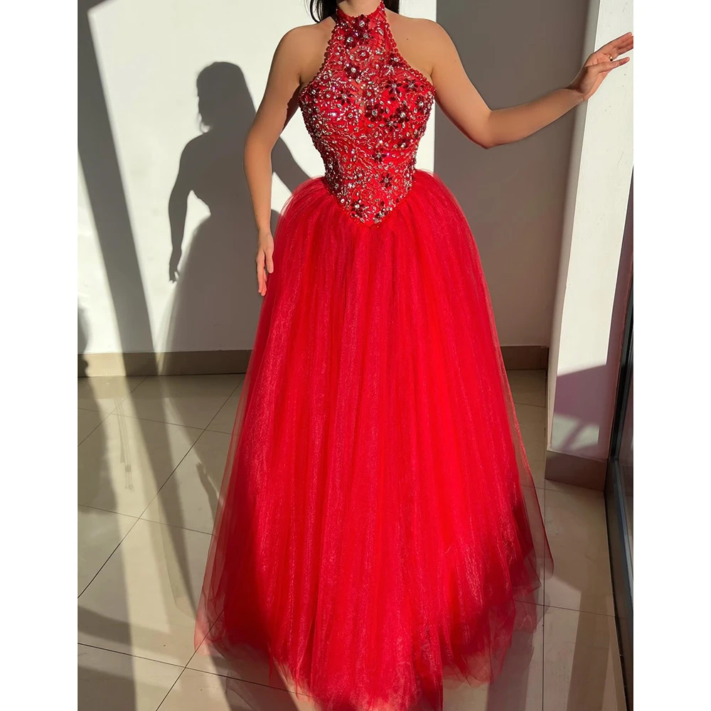 

Customized A-line Evening Dresses Floor-length High-neck Sleeveless Prom Gown Fashion Crystal Backless Simple Draped Party Gown