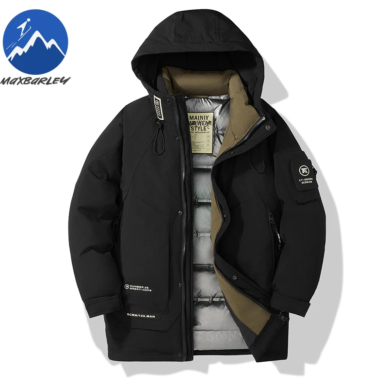 Maxbarley 2026 الرجال سترة طويلة أسفل الشتاء المشي لمسافات طويلة التزلج مقنعين الأبيض بطة أسفل معطف دافئ العصرية سميكة عالية الانتفاخ سترة منفوخة