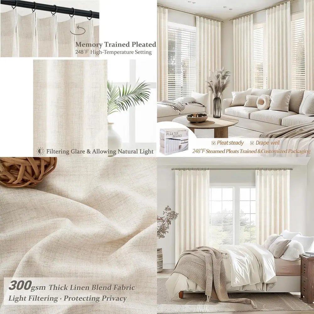 

Бежевые полупрозрачные шторы из льняной смеси 90 дюймов для спальни, светопропускающие, плиссированные, с крючками и кольцами, комплект из 2 панелей для раздвижных дверей