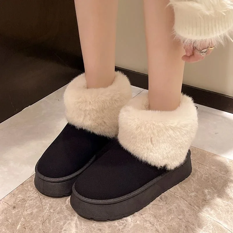 Women's Thick Sole Furry Snow Boots Autumn Winter New Casual Platform Bread Shoes Warm Plush Lined Student Cotton Shoes