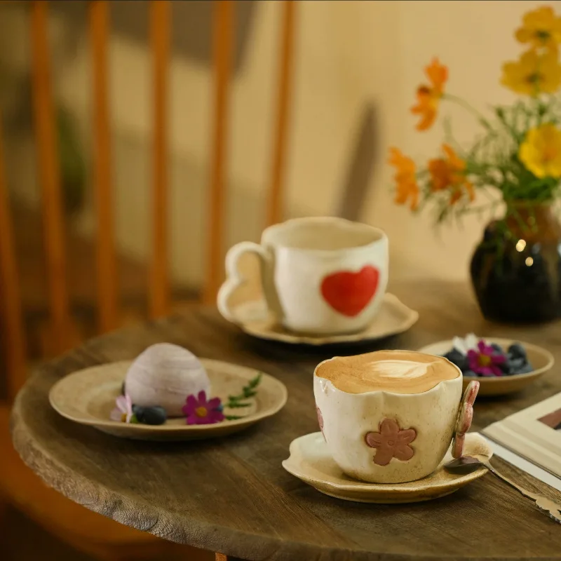 Embossed, Ceramic Coffee Cups and Saucers Hand Painted Coasters Home Vintage Mugs