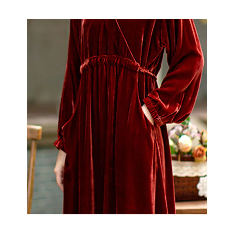 Fengbaoyu vestido feminino de veludo de seda natural, manga comprida, decote em V, comprimento médio, confortável, macio, casual, luxuoso
