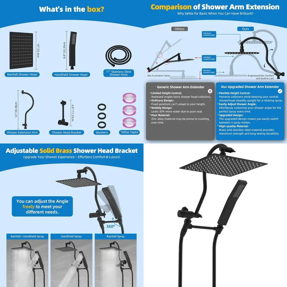 

10 High Pressure Rain Shower Head with Handheld Wand, Adjustable Arm, 71 Hose, Matte Black