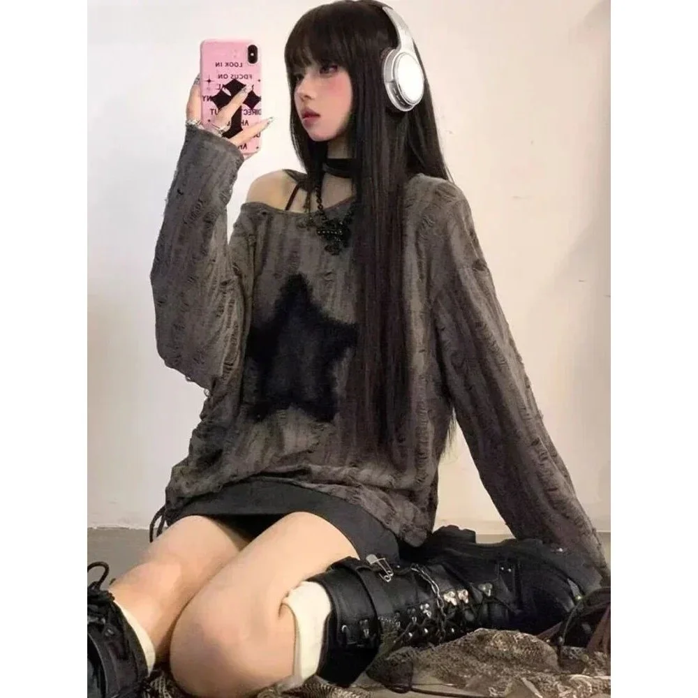 

Faionable Star Print Y2k Эстетическая женская футболка с геометрическим дизайном отверстий Удобная ex Sle Большой размер L