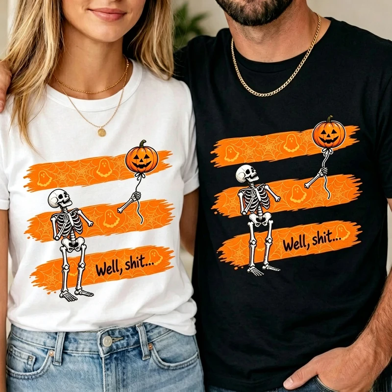 Halloween Skeleton Pumpkin Balloon Printed T Shirt Men Women Humor Slogan Short Sleeve Vintage Couple Streetwear Casual Y2k Top