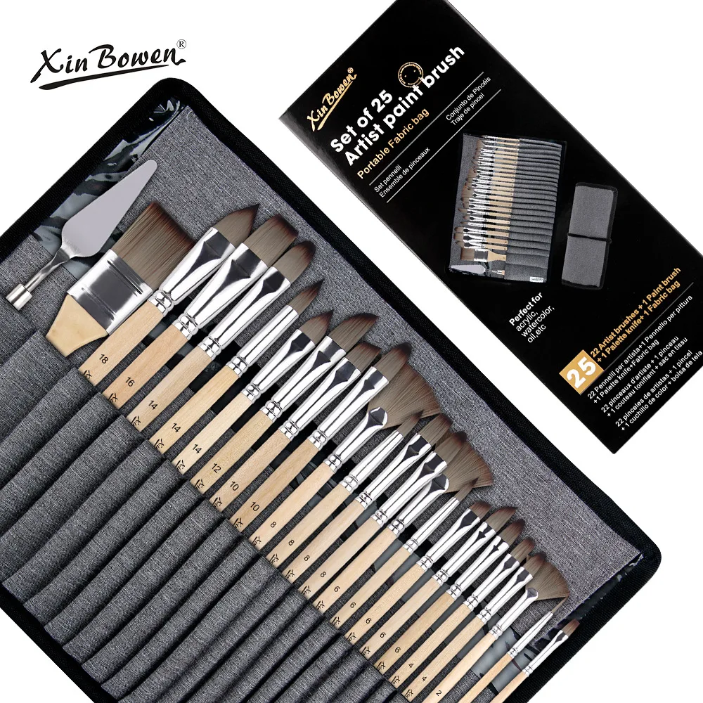 25 Pieces Wooden Handle Paint Brushes Set with Palette Knife Nylon Bristle for Acrylic Oil Watercolor Artist Painting Supplies