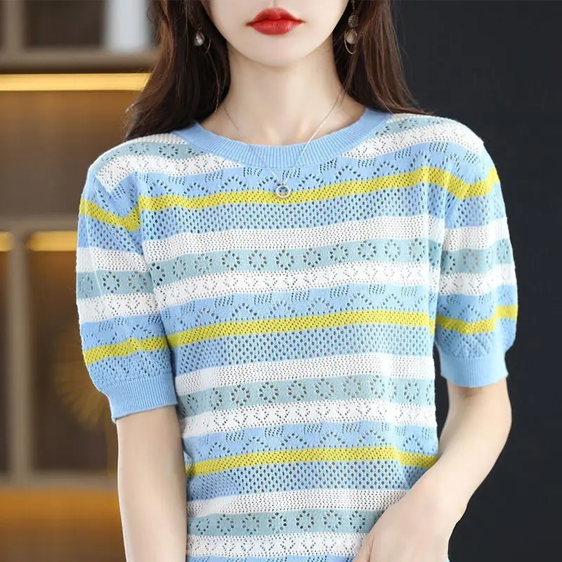 2024 Summer New Thin Fashion Crew Neck Striped Short Sleeve Commuter Loose Hollow Out Loose Sweater Knitted T-shirt Women\'s Tops